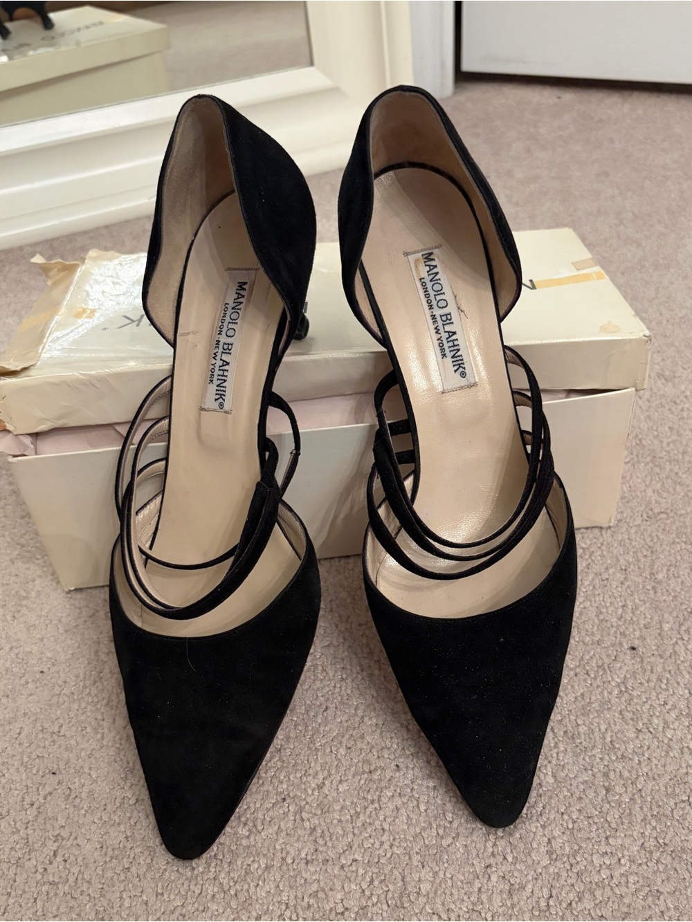 Manolo Blahnik Black Suede Pointed Toe Strappy Pumps